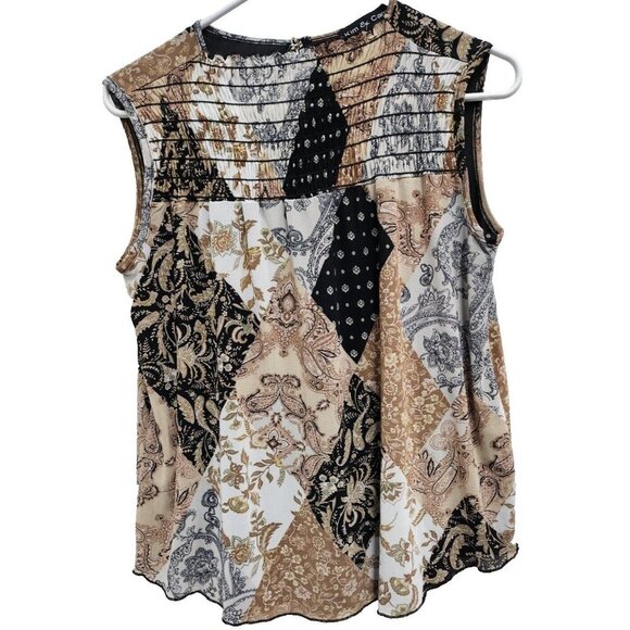 Kim & Cami Womens BOHO Sleeveless Top Small Black Brown Floral Smocked Blouse - Picture 1 of 9